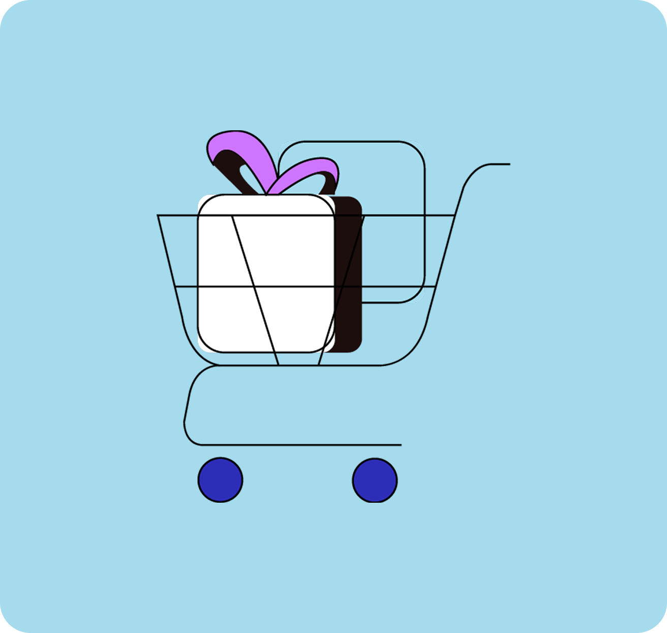 Dibujo minimalista de una caja con un lazo en un carrito de compras, en un fondo azul claro.