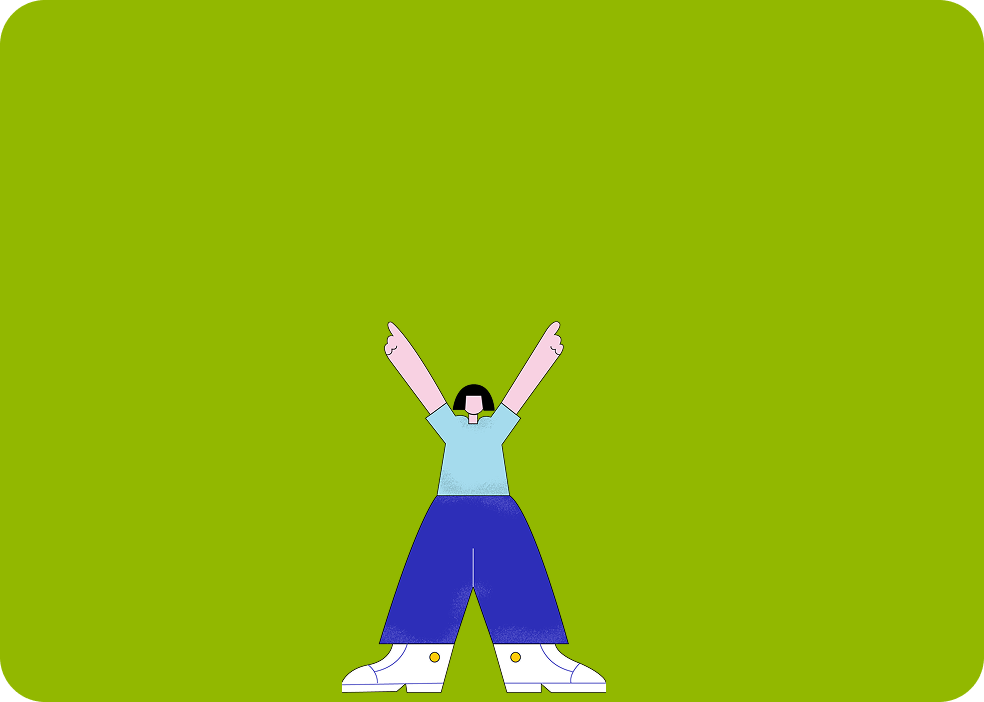 Ilustración de una persona con camisón azul y pantalones anchos azul marino, levantando los brazos y sonriendo, en un fondo de color verde.