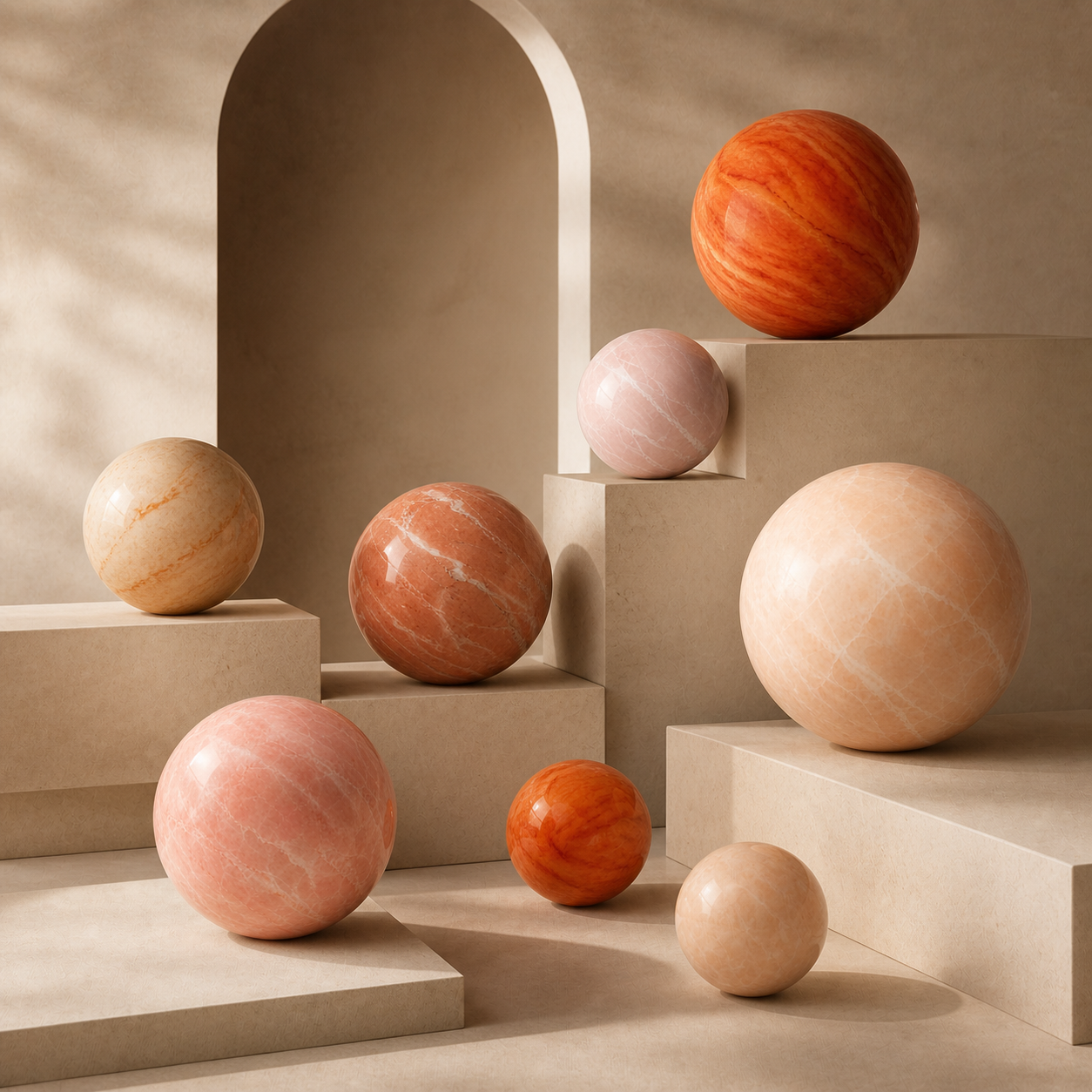 Decorative scene with various colored marble spheres placed on neutral-colored platforms and steps, featuring an arched backdrop with soft lighting.