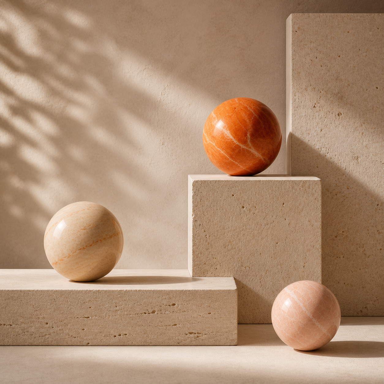 Minimalist display of three marbled spheres in beige and warm tones, arranged on textured beige platforms with shadows cast on a beige background.