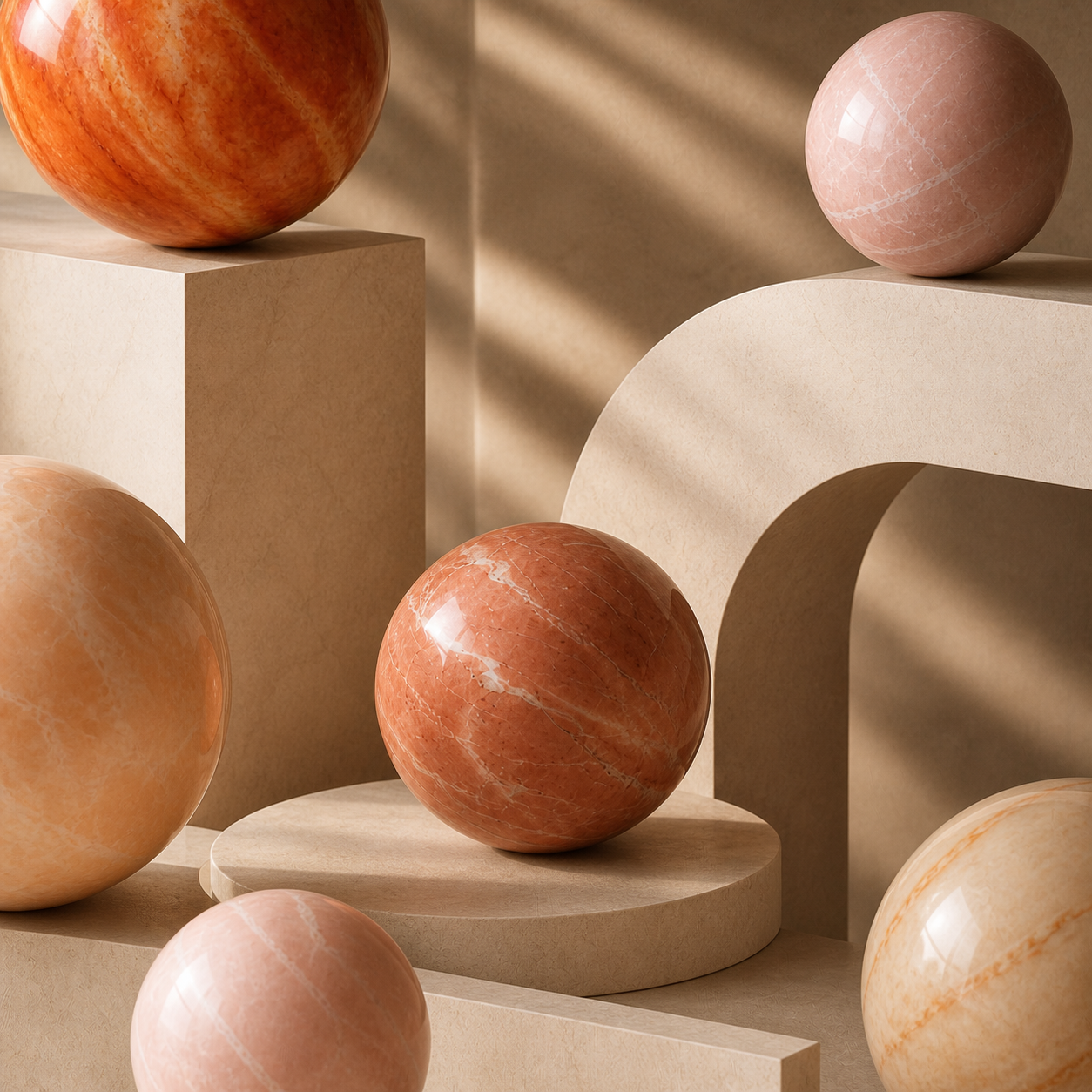 Several polished spheres made of marble in shades of pink, orange, and peach, displayed on beige platforms and geometric structures with light and shadow effects.