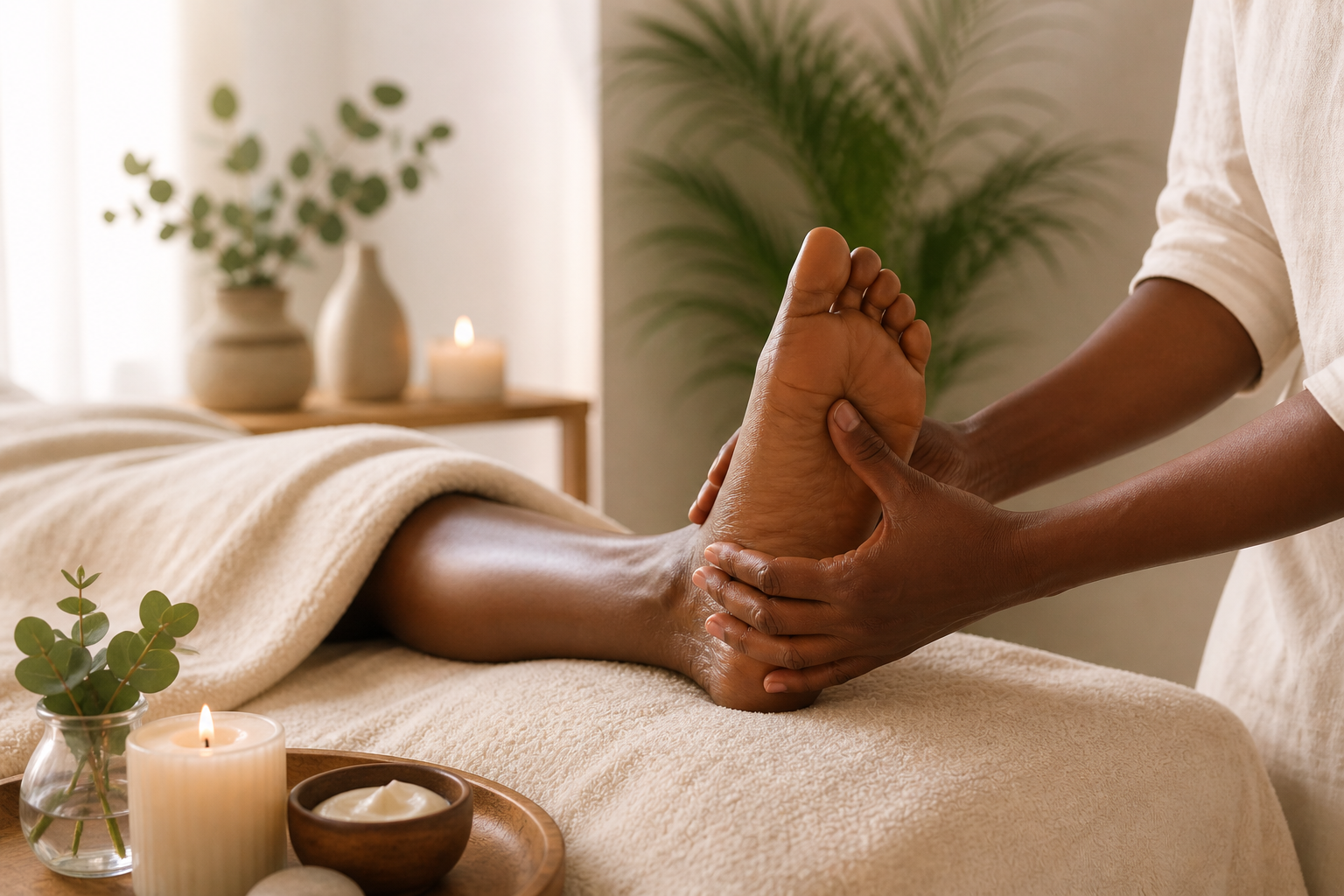 Une personne reçoit un massage des pieds dans un environnement relaxant avec des bougies et des plantes en arrière-plan.