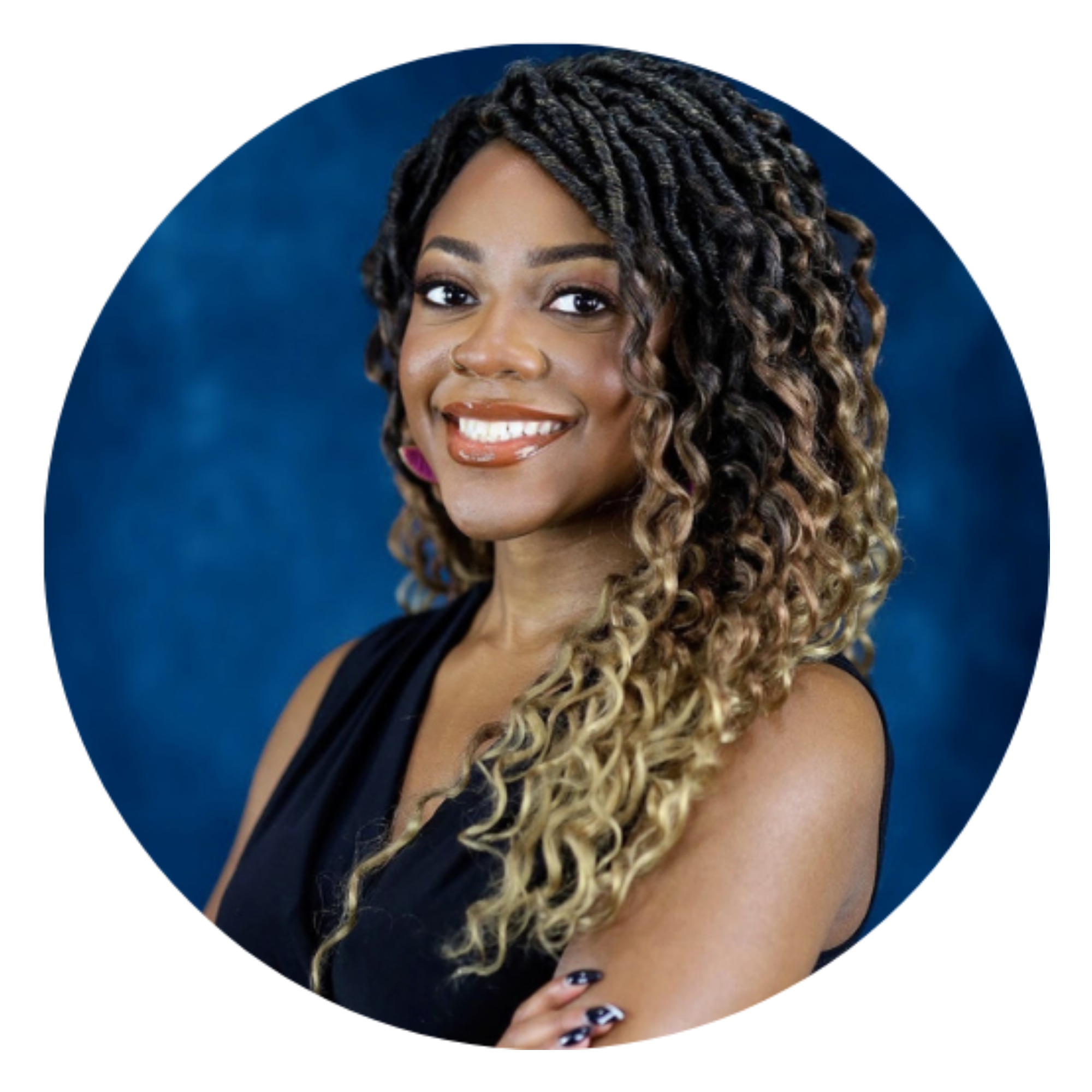 Close-up portrait of a smiling woman with curly two-tone hair, wearing makeup, a nose ring, and a sleeveless top.