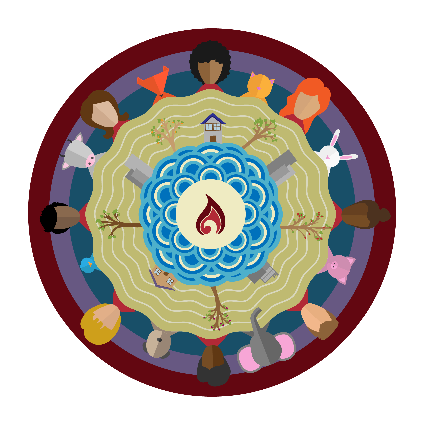 Colorful illustration representing diversity, community, and environmental care, with various people, animals, trees, and buildings surrounding a central symbol of a flame and waves, all connected by a circular layout.