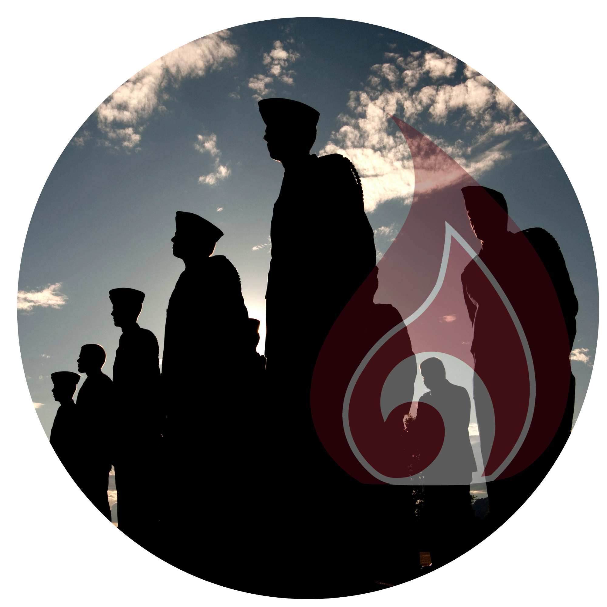 Silhouettes of soldiers in uniform walking against a cloudy sky at sunset.