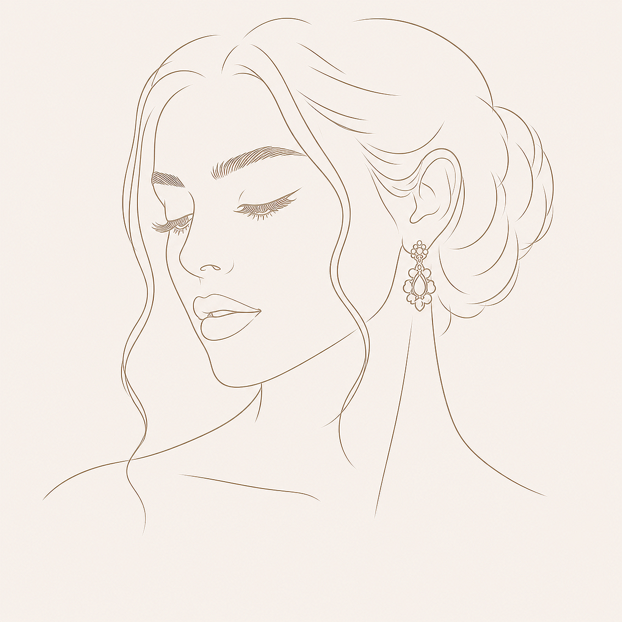 Line drawing of a woman with closed eyes, long eyelashes, and earrings, with her hair styled up and flowing around her face.