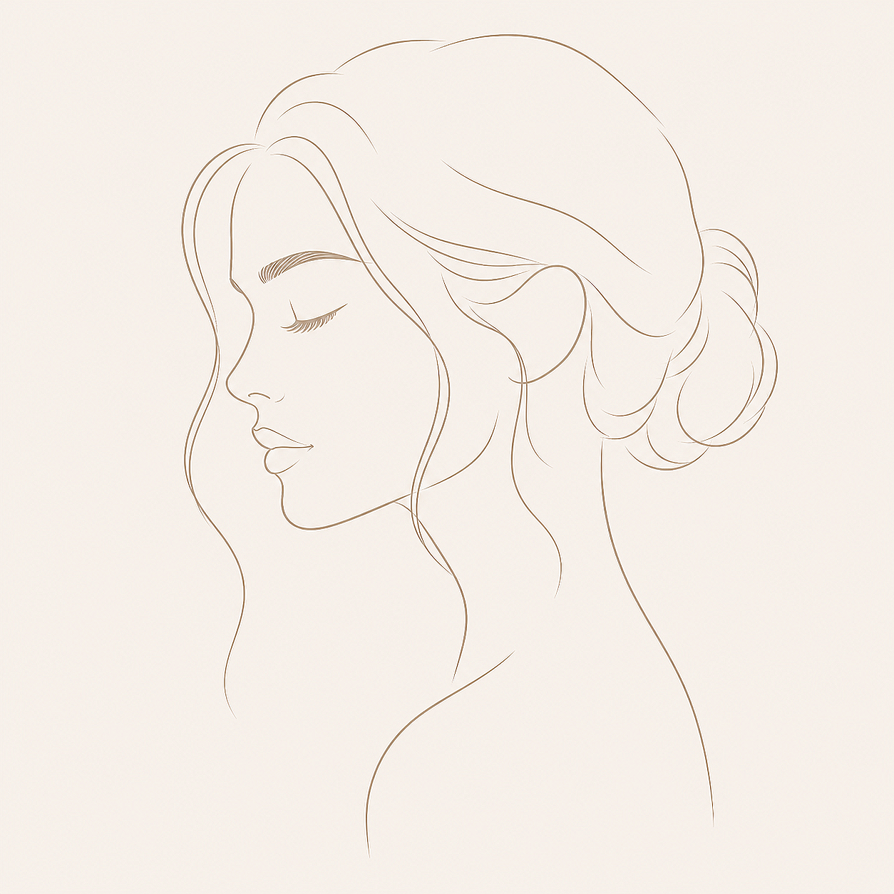 Line drawing of a woman's face in profile with her eyes closed and her hair styled in a loose bun.