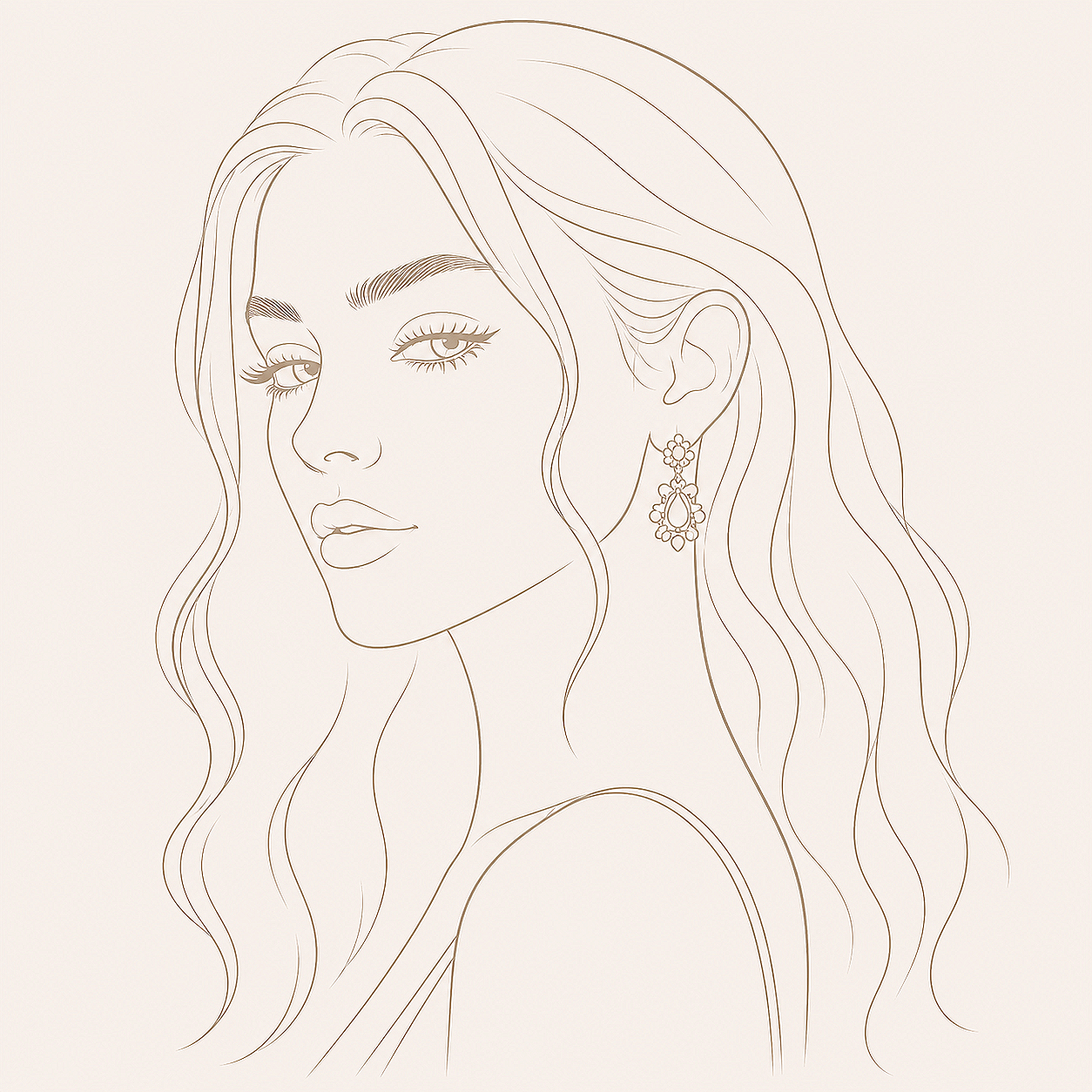 Line drawing of a woman with wavy hair and earrings, facing slightly to the left.