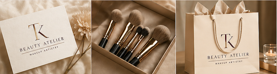 A set of makeup brushes in a box, a paper bag with the logo 'TK Beauty Atelier Makeup Artistry,' and a white sign with the same logo and flowers.