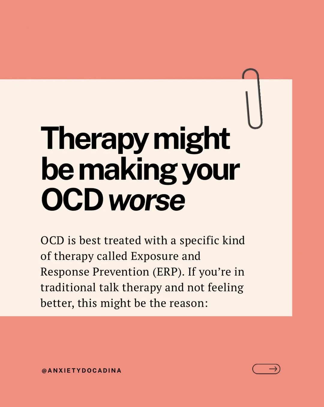 If you&rsquo;ve been in therapy for OCD but still feel stuck, it might not be because therapy &ldquo;isn&rsquo;t working.&rdquo; It might be because it&rsquo;s not the right type of therapy for OCD. 

Exposure and Response Prevention (ERP) is the gol