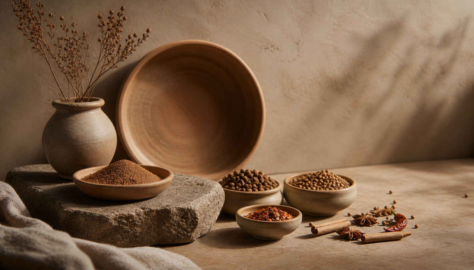 Still life of spices and pottery on a beige surface, with a vase holding dried flowers and bowls of various spices.