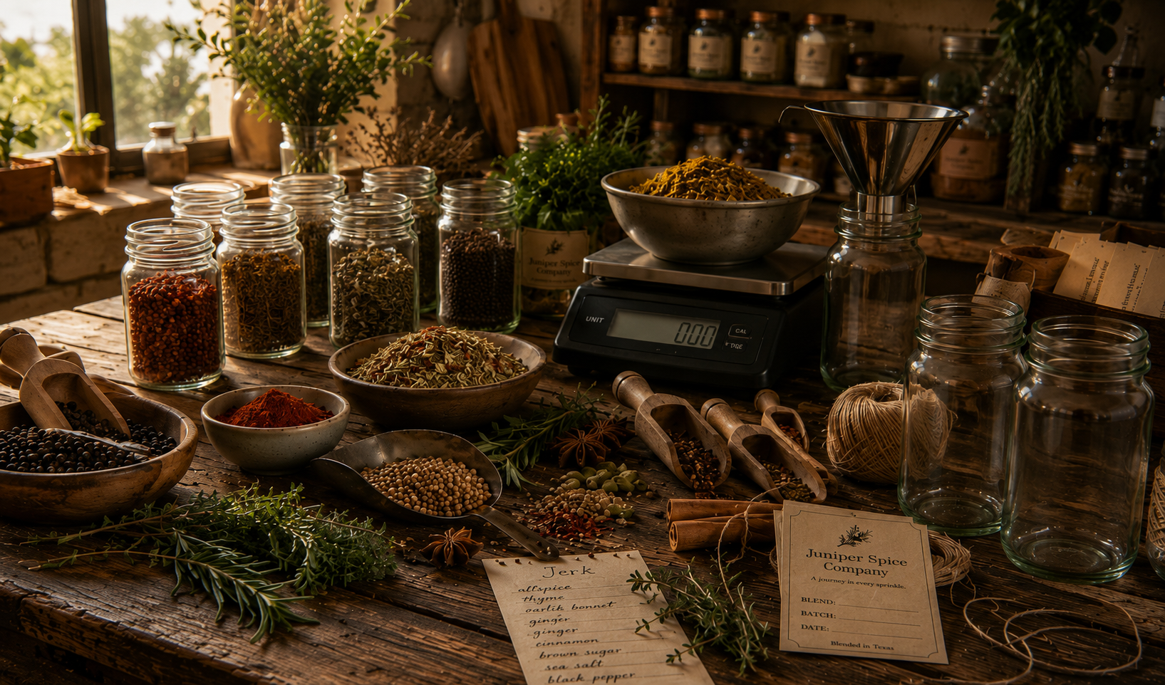 A rustic kitchen countertop filled with various jars, bowls, and ingredients for spice blending, including herbs, spices, and a digital scale, with natural light coming through a window.