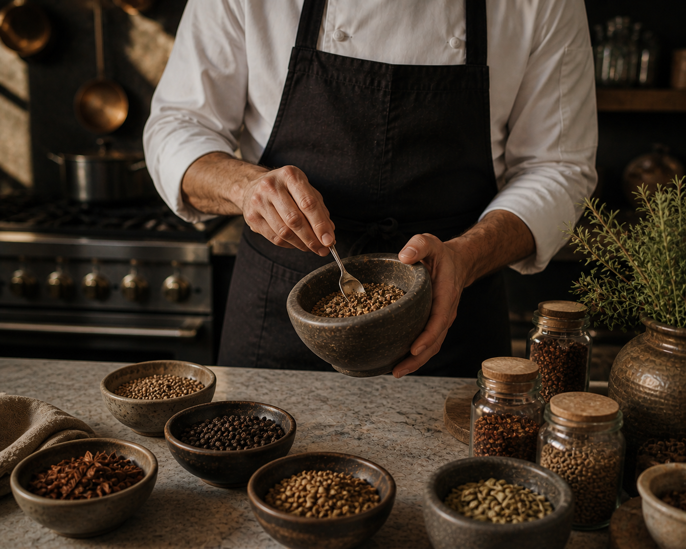 Person in white shirt and dark apron preparing spices in a rustic kitchen with bowls and jars of mixed spices on the countertop.