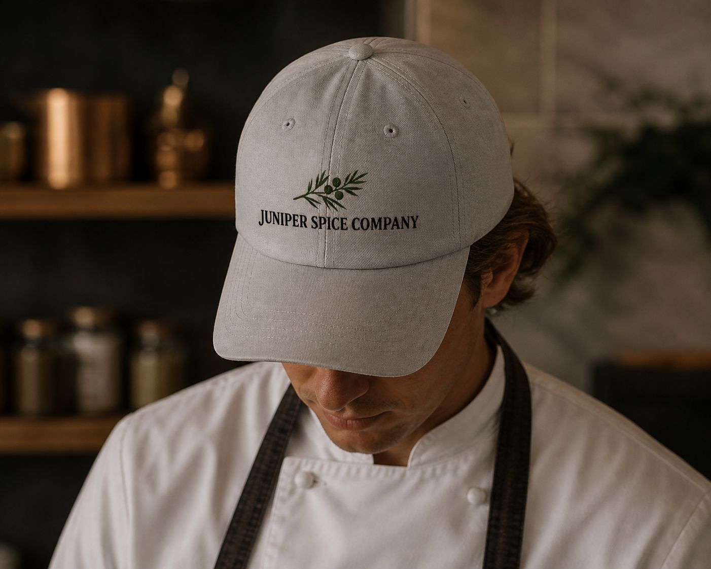 Person wearing a beige cap with the Juniper Spice Company logo, standing in a kitchen.