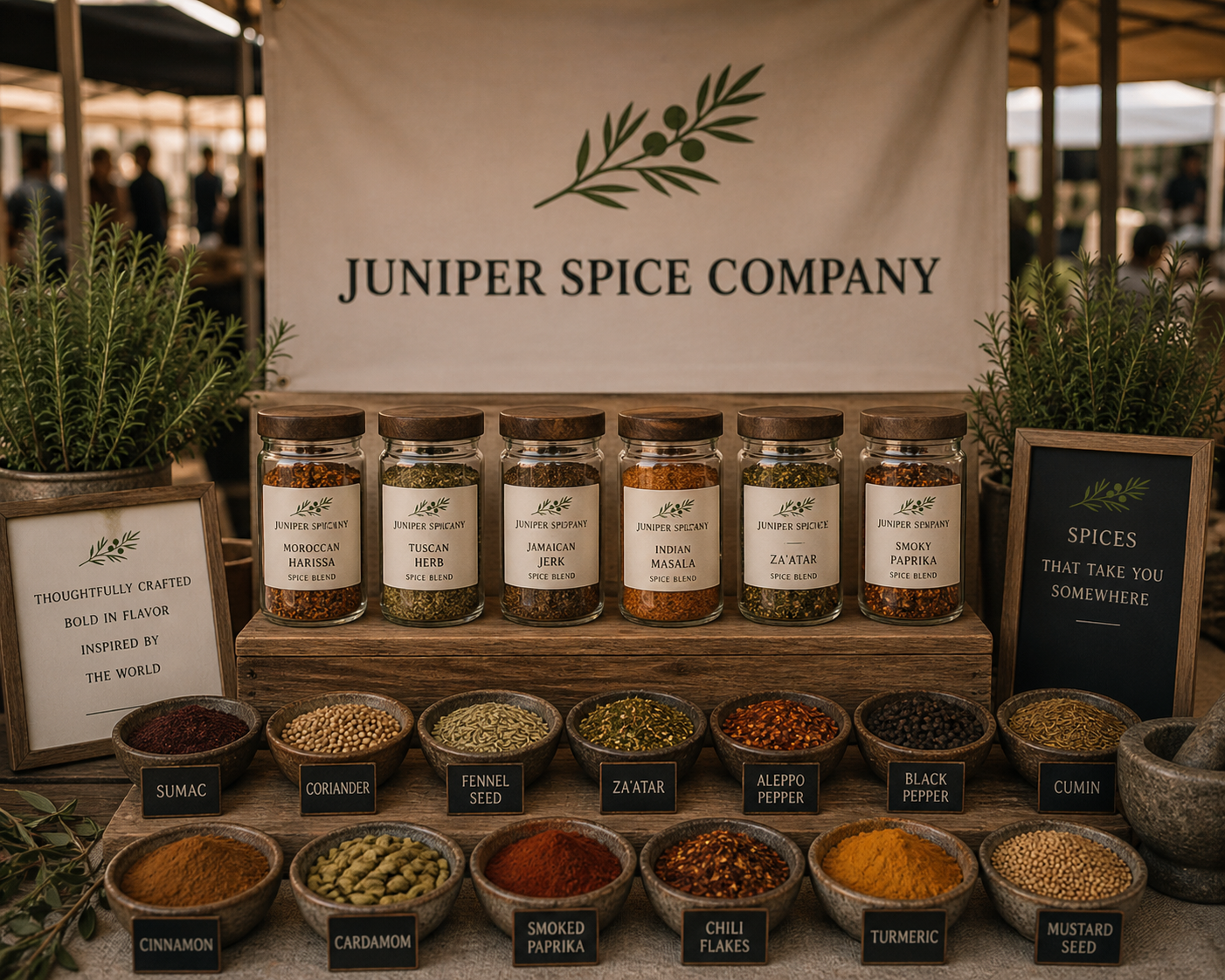 Display of various spices and spice blends at Juniper Spice Company booth, including jars labeled Moroccan Harissa, Tuscan Herb, Jamaican Jerk, Indian Masala, Za'atar, and Smoky Paprika, with bowls of individual spices below.