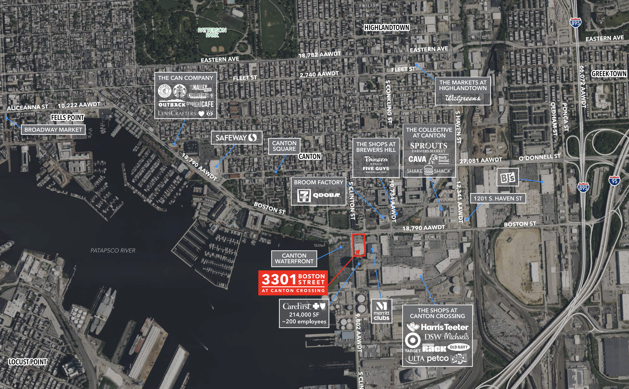 An aerial map of Canton, Boston showing landmarks, streets, and businesses such as The Can Company, SafeWay, Canton Square, and The Markets at Highlandtown, with labels for streets, parks, and notable locations.