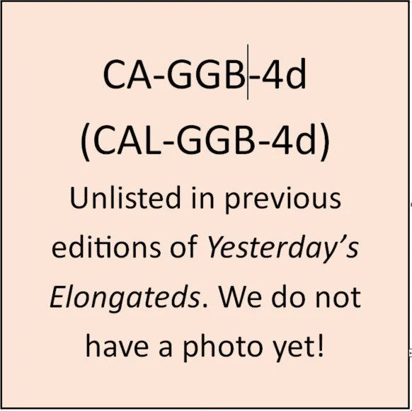 CA-GGB-4d (unlisted): Horizontal with dot border.  Similar to CAL – GGB 4a & 4b except FRANCISCO touches neither bridge nor building, and left corner of building is directly over “E” of the first “THE”.
