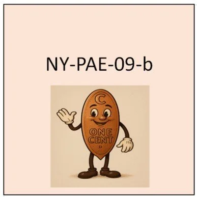 NY-PAE-09-b (N.Y-PAE 9b): Horizontal with rolled border.  Basic engraving the same as N.Y- PAE 9a, except for apostrophe after /MFG’/ no dash used.  Three line design used after date, none before.
