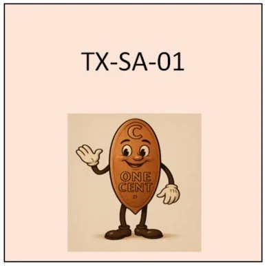 TX-SA-01 (unlisted): Horizontal with rolled border.  On same curve as top of coin around top /CATTLEMENS CONVENTION/.  At center, a steer head facing right, with long horns curved slightly up.  To left of steer’s neck /MAR/.  To right of steer’s nose