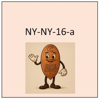 NY-NY-16-a (N.Yn.y 16a): Vertical with small dot border.  On same curve as top of coin around top /THE EMPIRE STATE/.  At center the Empire State Building depicted.  At bottom edge, in one horizontal line /NEW YORK/.

