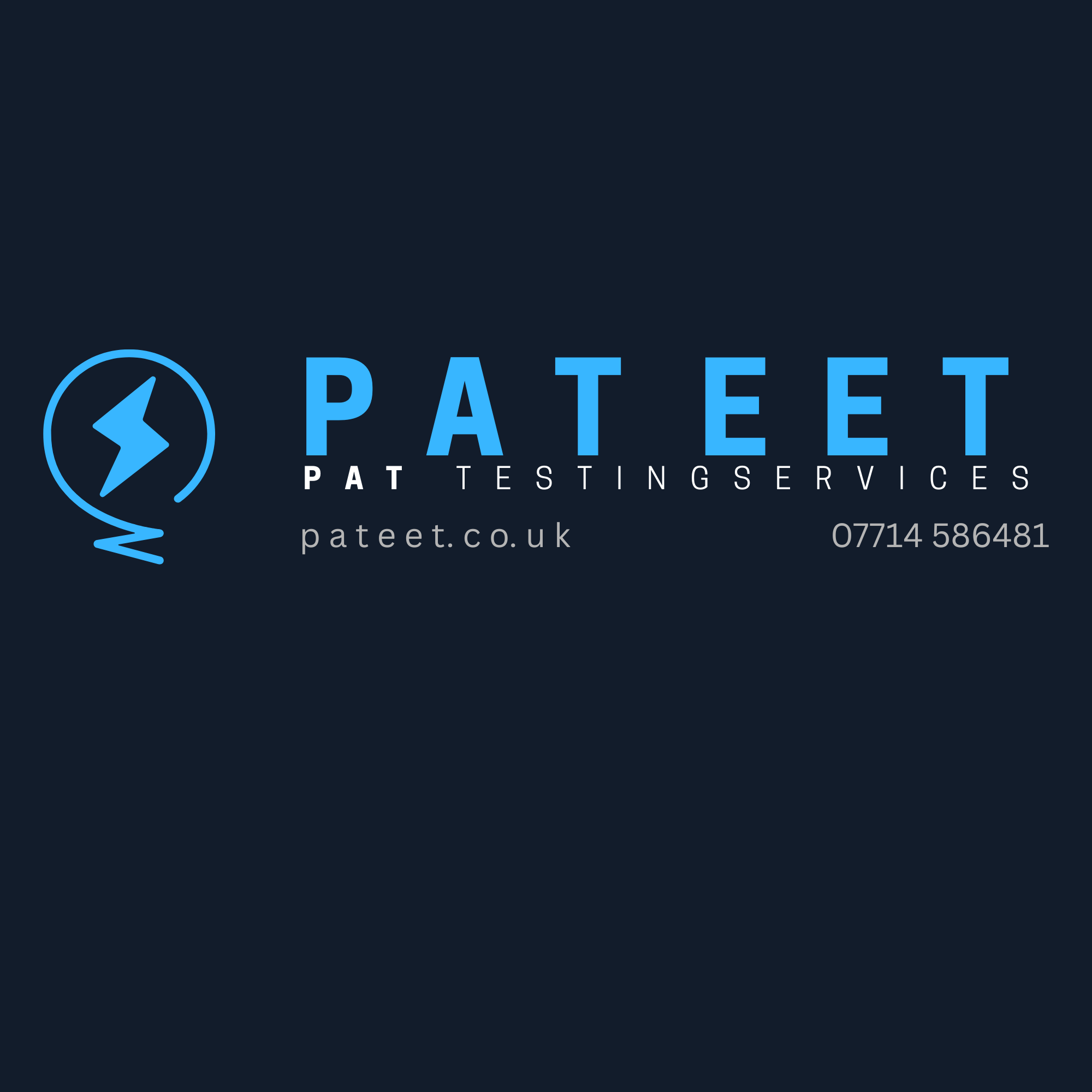 Logo of Pateet Pest Control Services with a lightning bolt icon inside a circle, and the company website 'pateet.co.uk' with contact number '07714 586481' on a dark background.