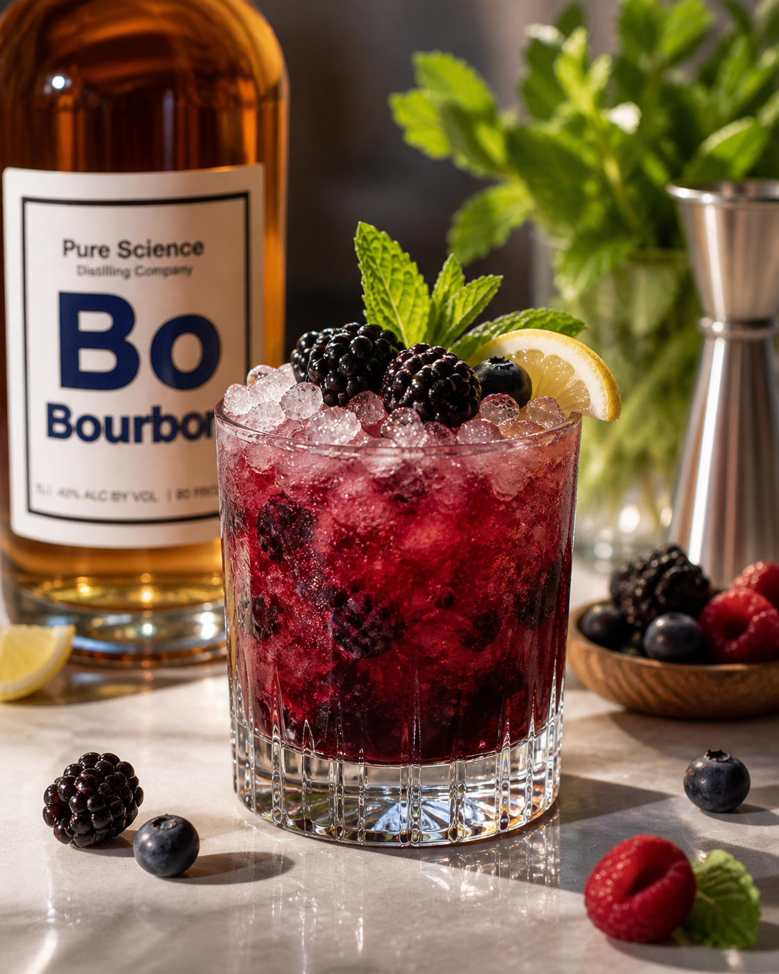 A cocktail glass filled with crushed ice, topped with blackberries, blueberries, a lemon wedge, and mint leaves, with a bottle of bourbon and fresh berries in the background.