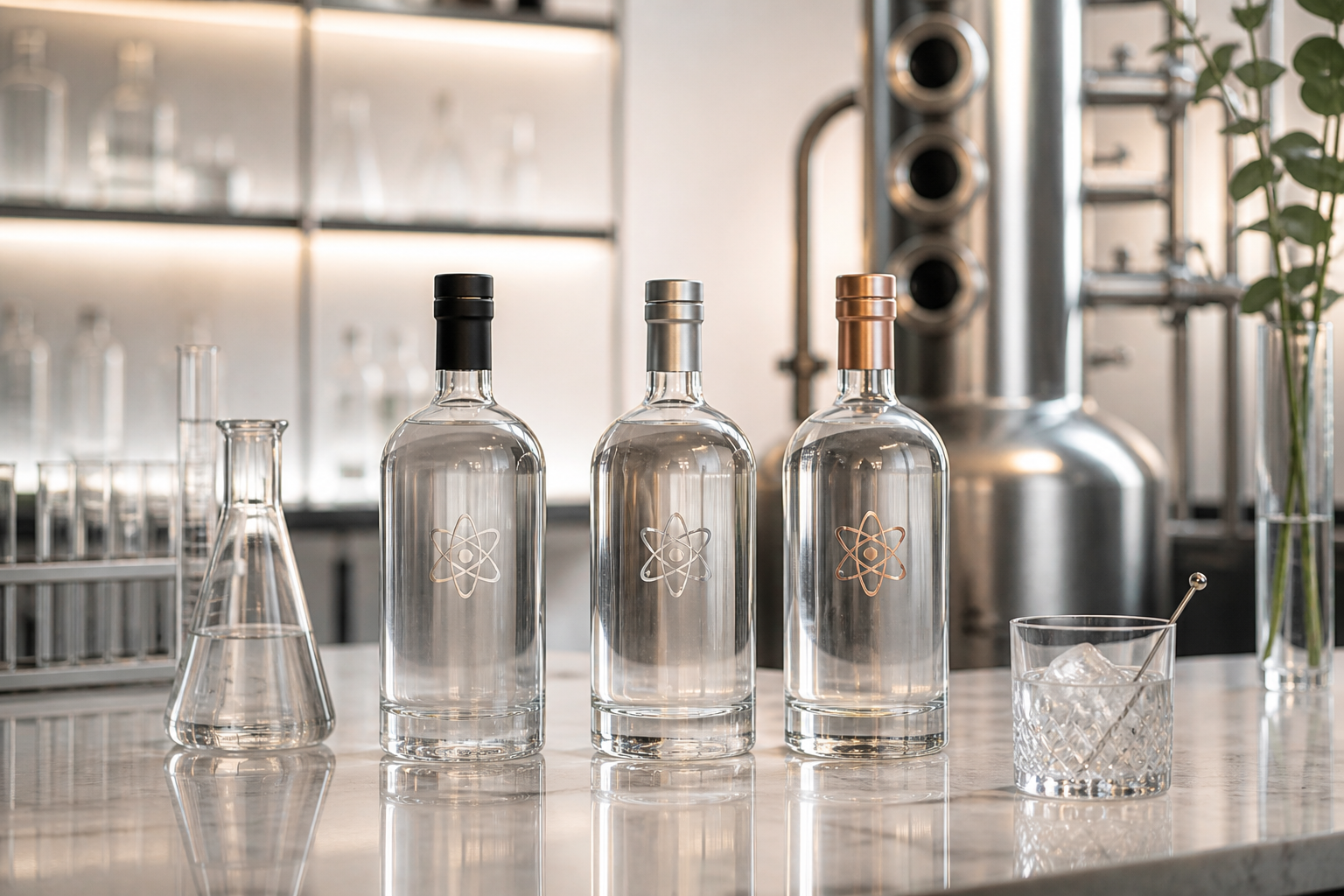Three glass bottles with atom symbols and metal caps, a glass with ice and a stirring spoon, and a glass beaker with a narrow neck on a marble counter in a laboratory-like setting.