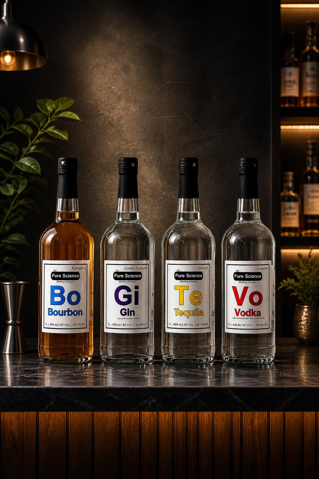 Bottles of alcohol labeled as Bourbon, Gin, Tequila, and Vodka with humorous labels mimicking chemical element symbols.