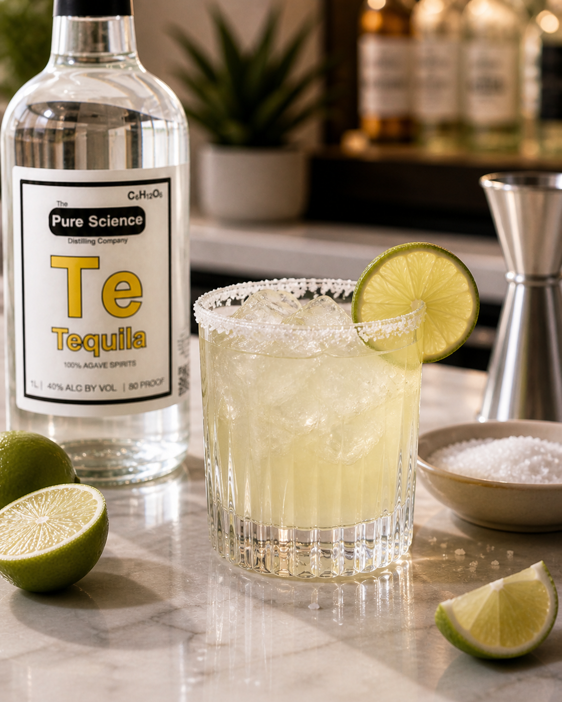 A glass of tequila-based cocktail garnished with a lime wheel, with tequila bottle, fresh limes, a bowl of salt, a jigger, and lemon wedges surrounding it on a marble countertop.