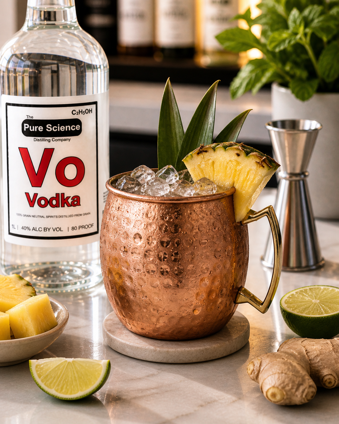 A copper mug filled with ice and garnished with pineapple slices, surrounded by a bottle of vodka, lemon and lime wedges, ginger root, a pineapple, and a juicer.