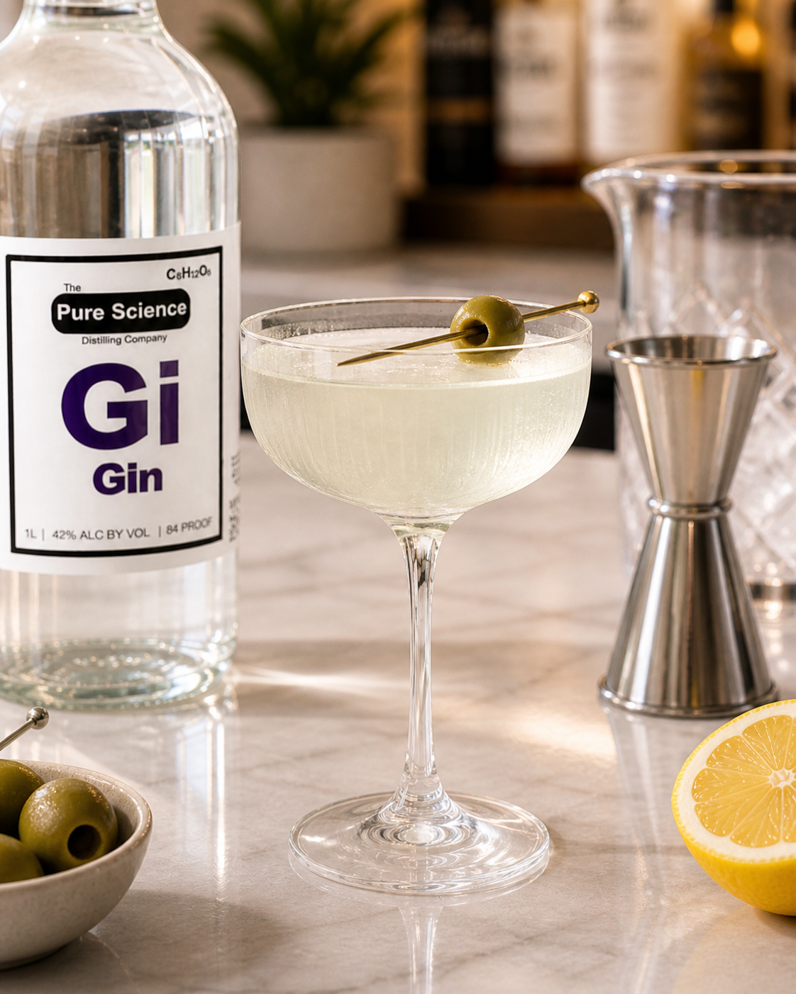 A cocktail glass with a pale yellow drink garnished with an olive on a cocktail pick, surrounded by a bottle of gin, a bowl of green olives, a lemon half, a jigger, and a glass pitcher on a marble countertop.
