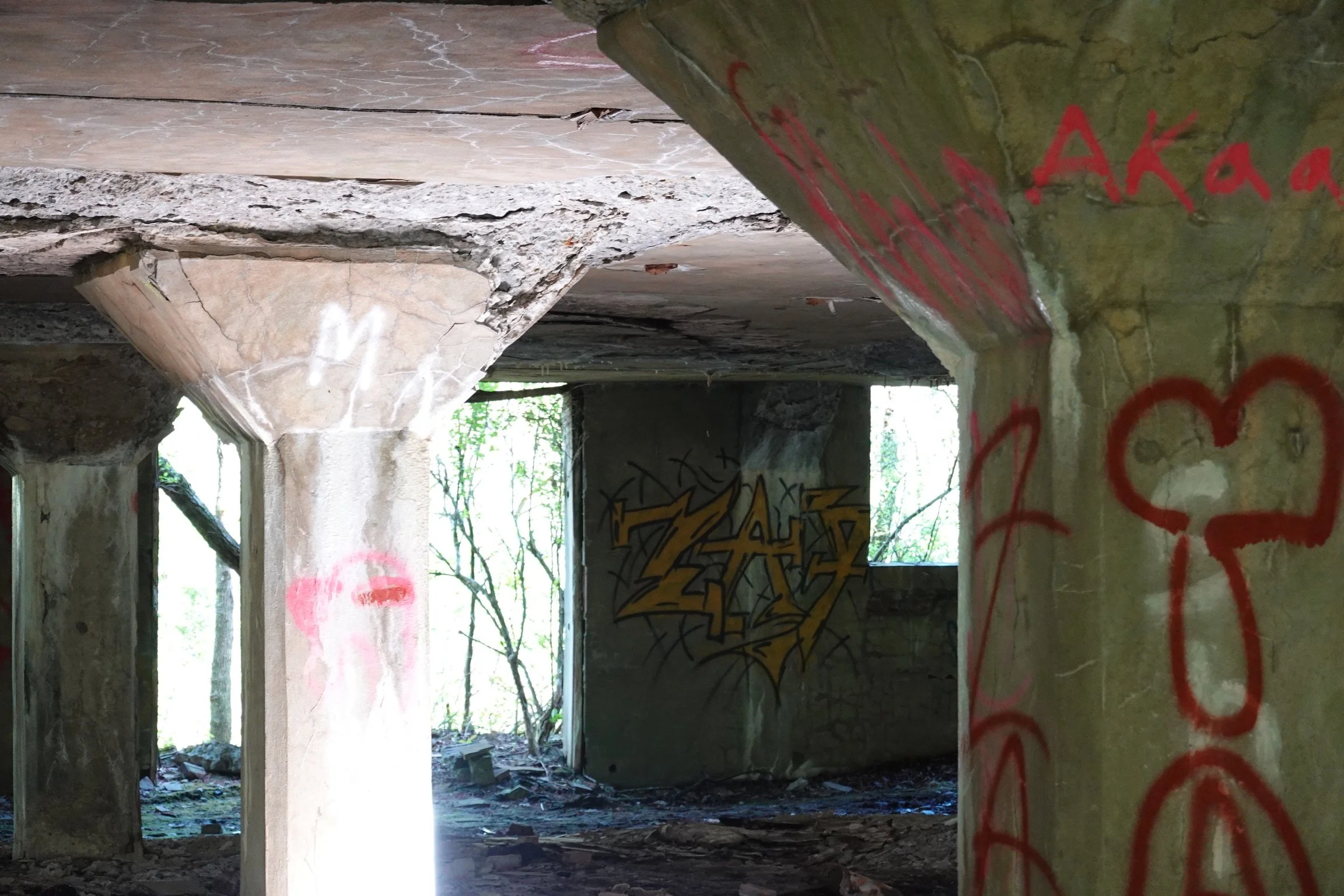 Inside an abandoned building with graffiti on concrete walls, with visible broken windows and debris on the floor. Bright light coming through the openings, revealing trees outside.