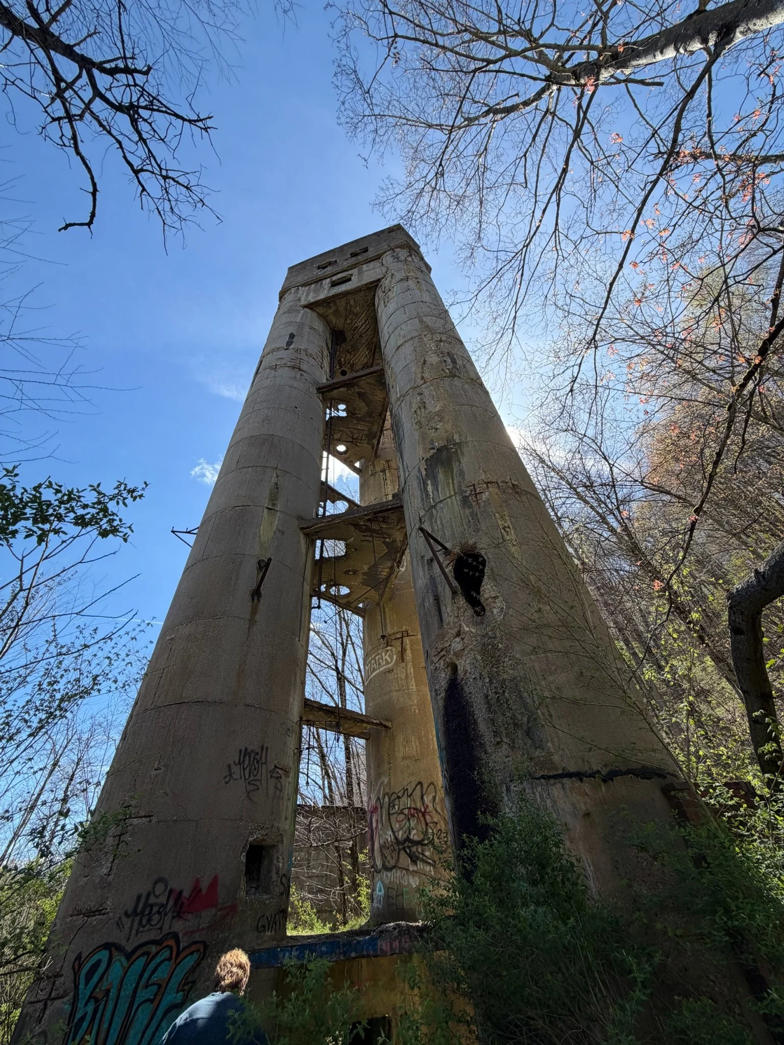 Old, abandoned concrete structure surrounded by trees with leafless branches, some graffiti on the walls, and a person with blonde hair in the foreground.