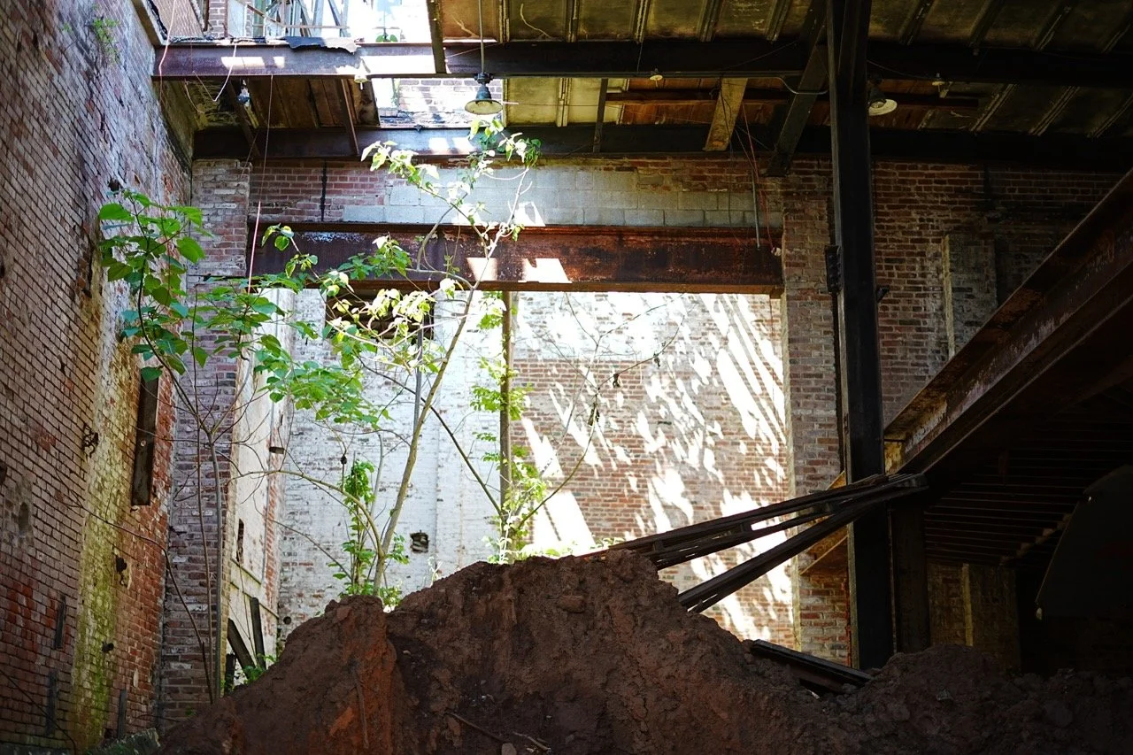 Interior of an abandoned building with exposed brick walls, a pile of dirt in the foreground, and an overhead beam. Sunlight filters through broken ceiling and windows, casting shadows on the wall.