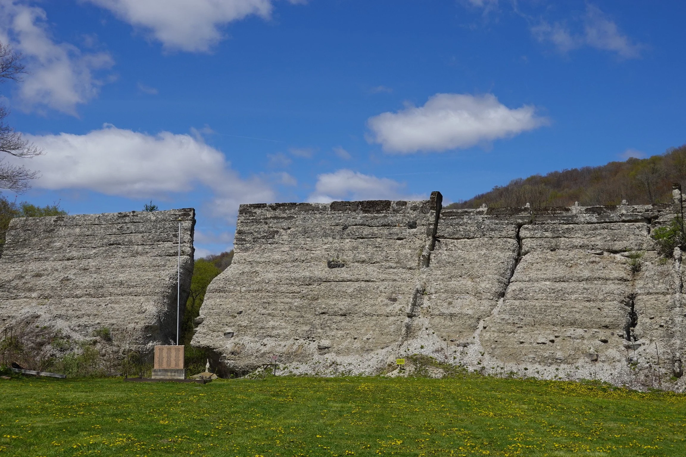 Ancient stone ruins with a grassy area and scattered yellow flowers, under a partly cloudy blue sky with trees in the background.
