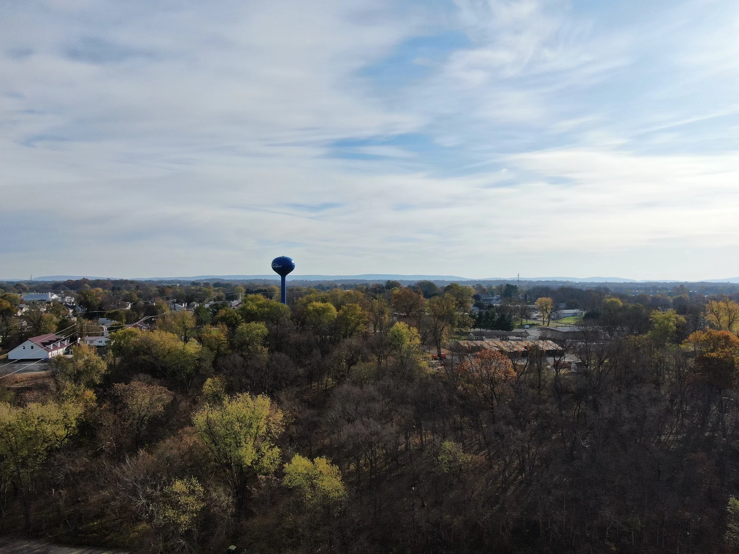 A large water tower with a spherical top painted blue and a town with houses and trees below, under a partly cloudy sky.