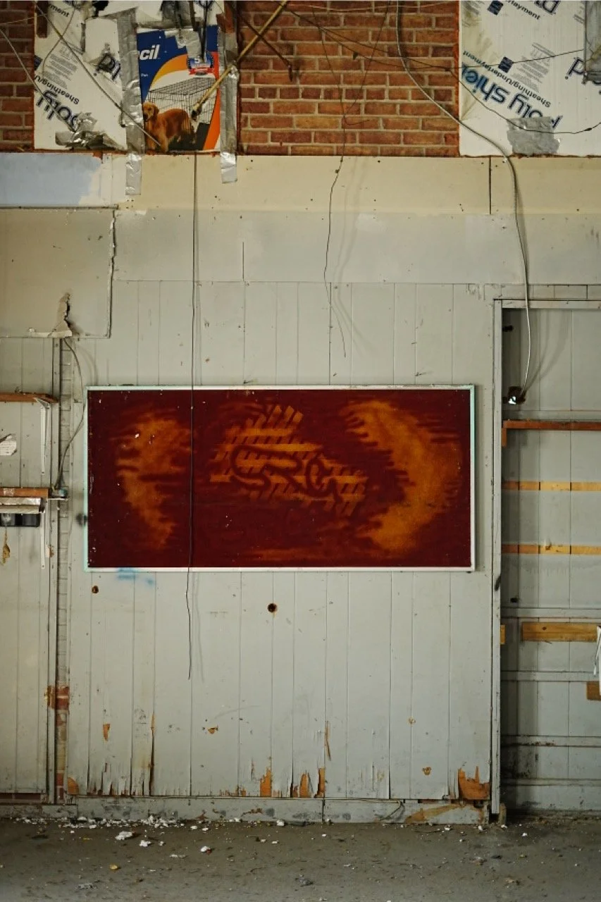 The image shows an indoor space with a worn, peeling wall and a dark red sign featuring a stylized dragon or serpent in a fiery color scheme. The wall has exposed wiring and brickwork above, with some parts covered by insulation or drywall panels.