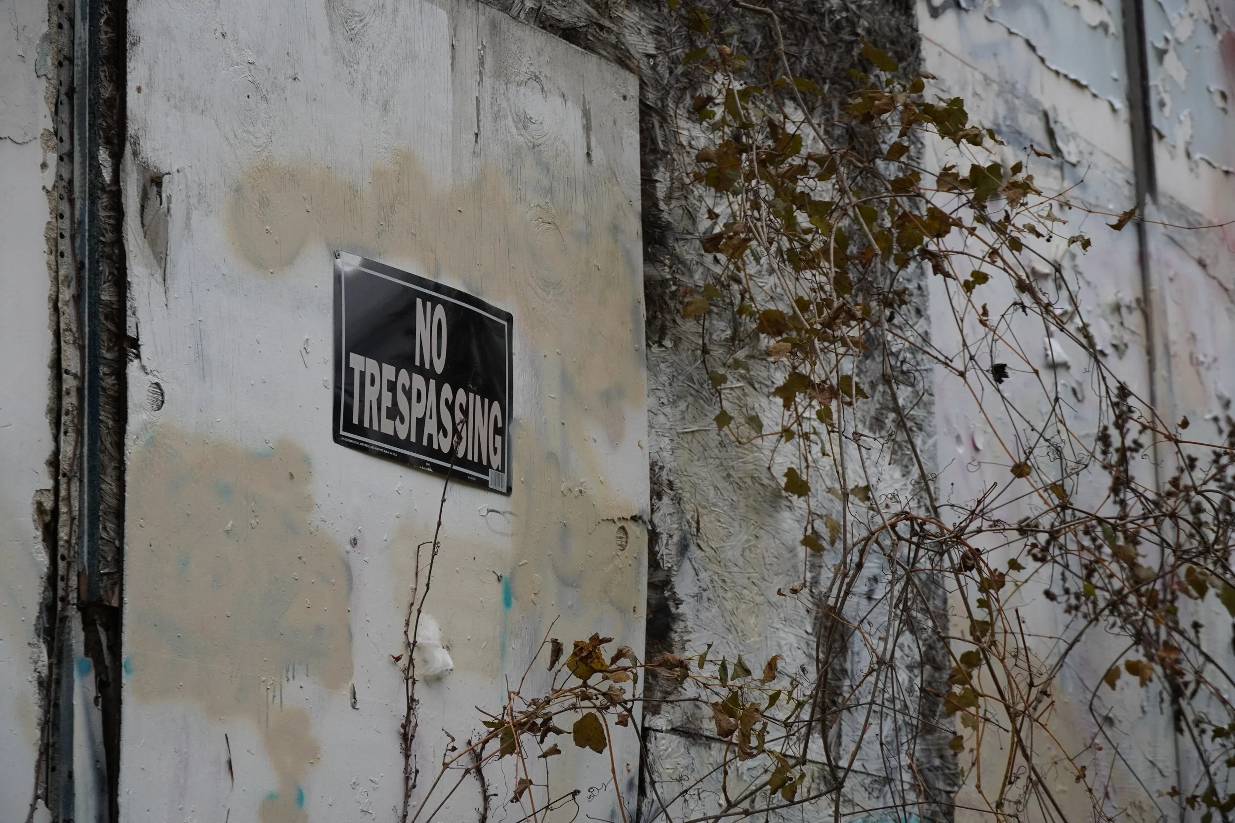 A wall with a 'No Trespassing' sign and tangled dried vines.