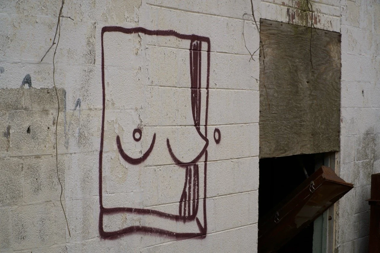 Graffiti of a cartoon-like outline of a woman’s breasts and pubic area on a beige brick wall, with a boarded-up window beside it.
