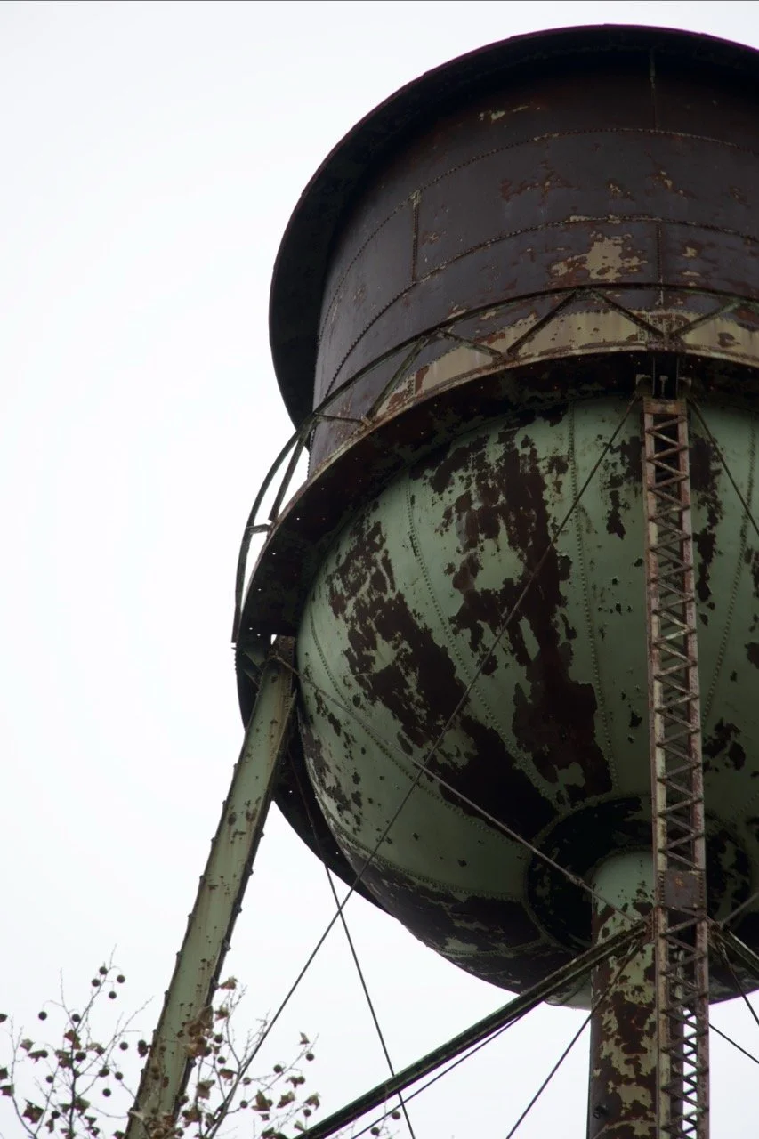 Rusty old water tower with peeling green and brown paint, supported by metal legs and braces, against a pale sky with leafless tree branches in the foreground.