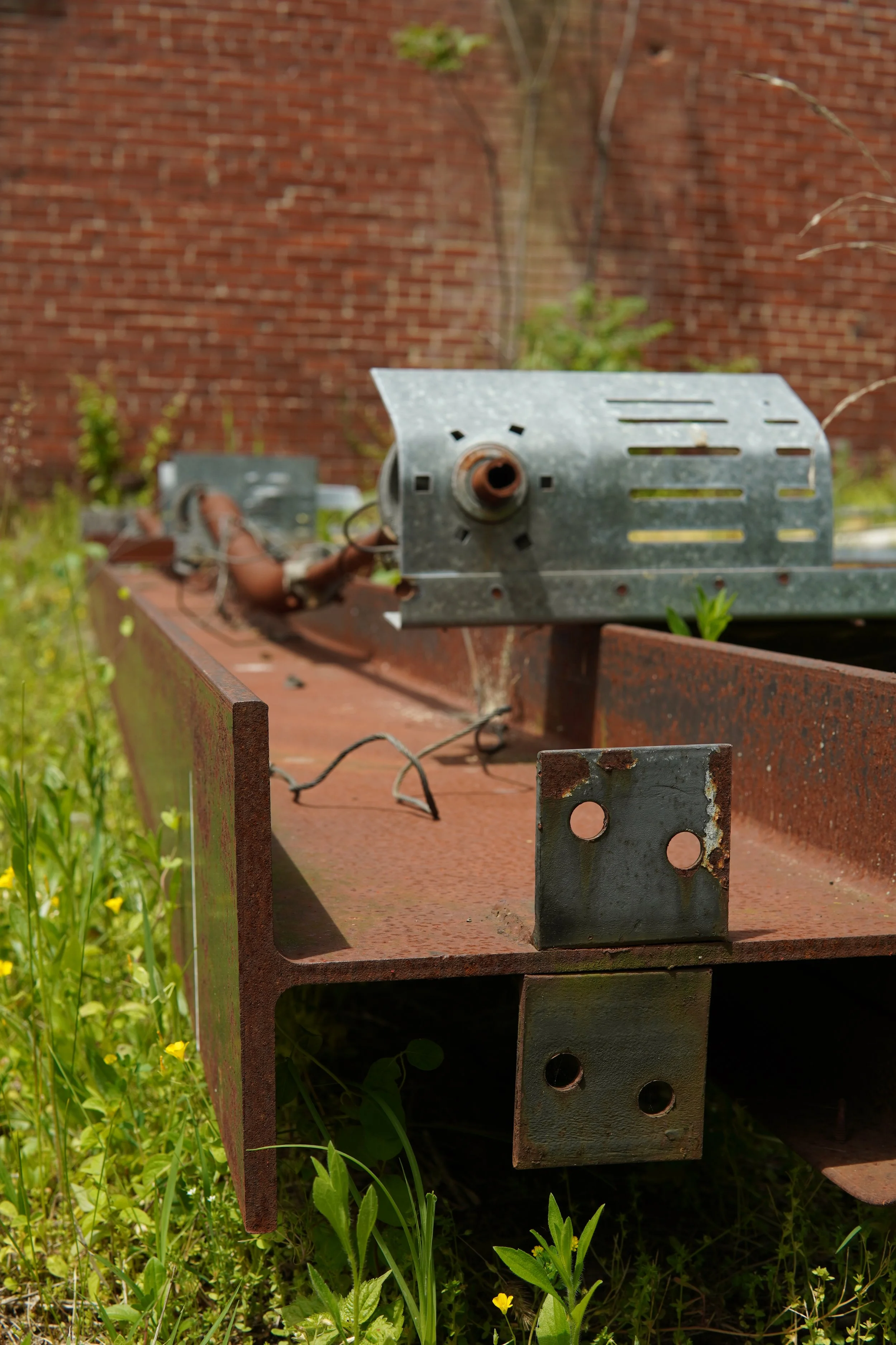 Close-up of rusty metal structure with holes, surrounded by green grass and yellow flowers, against a brick wall background.