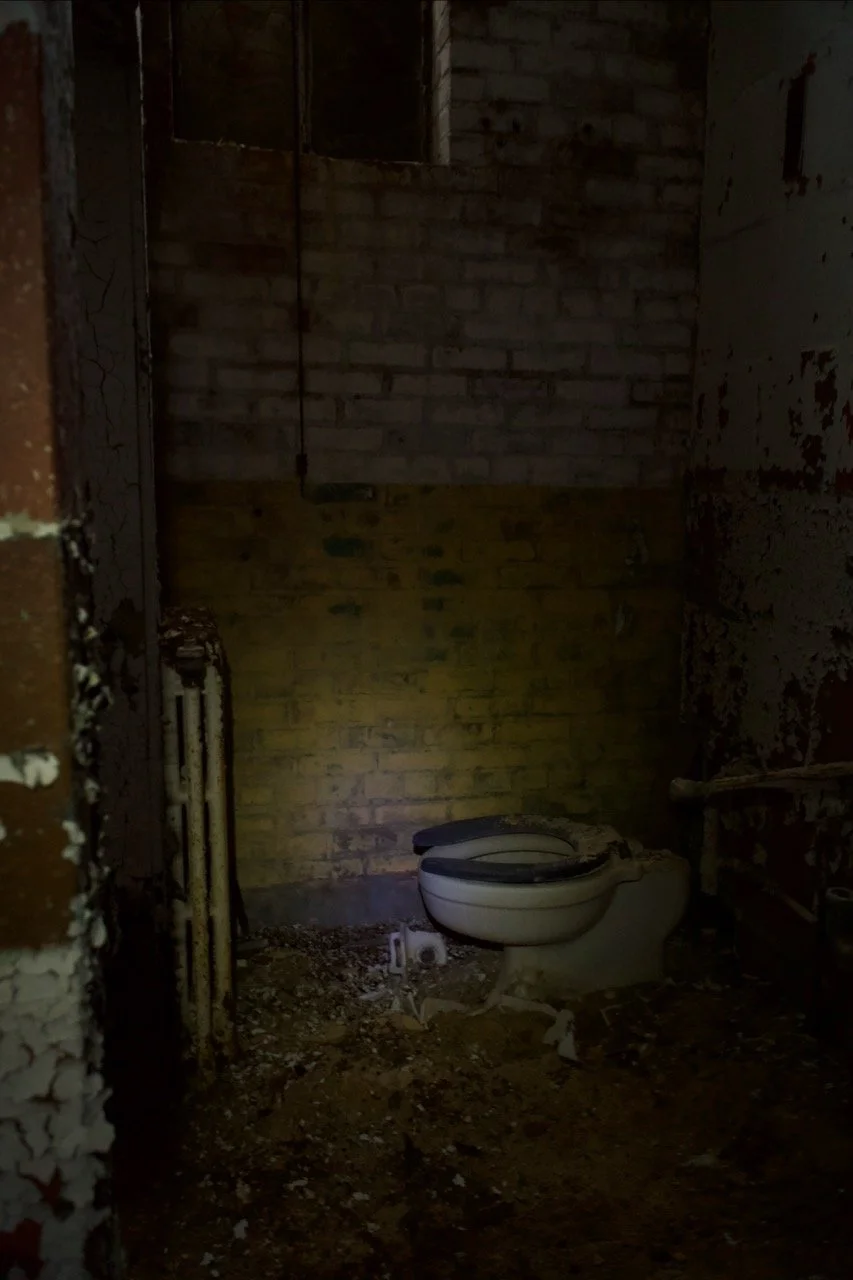A dark, abandoned bathroom with a toilet, exposed brick wall, and peeling paint. The floor is dirt, and the space appears neglected.