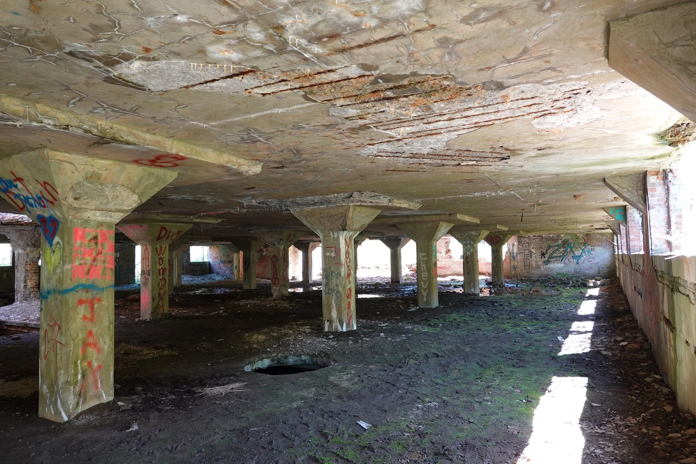 An abandoned building with graffiti-covered concrete columns and rusted ceilings. The floor is dirt and debris, with patches of moss and a large hole in the ground. Light filters in through openings, illuminating the interior.