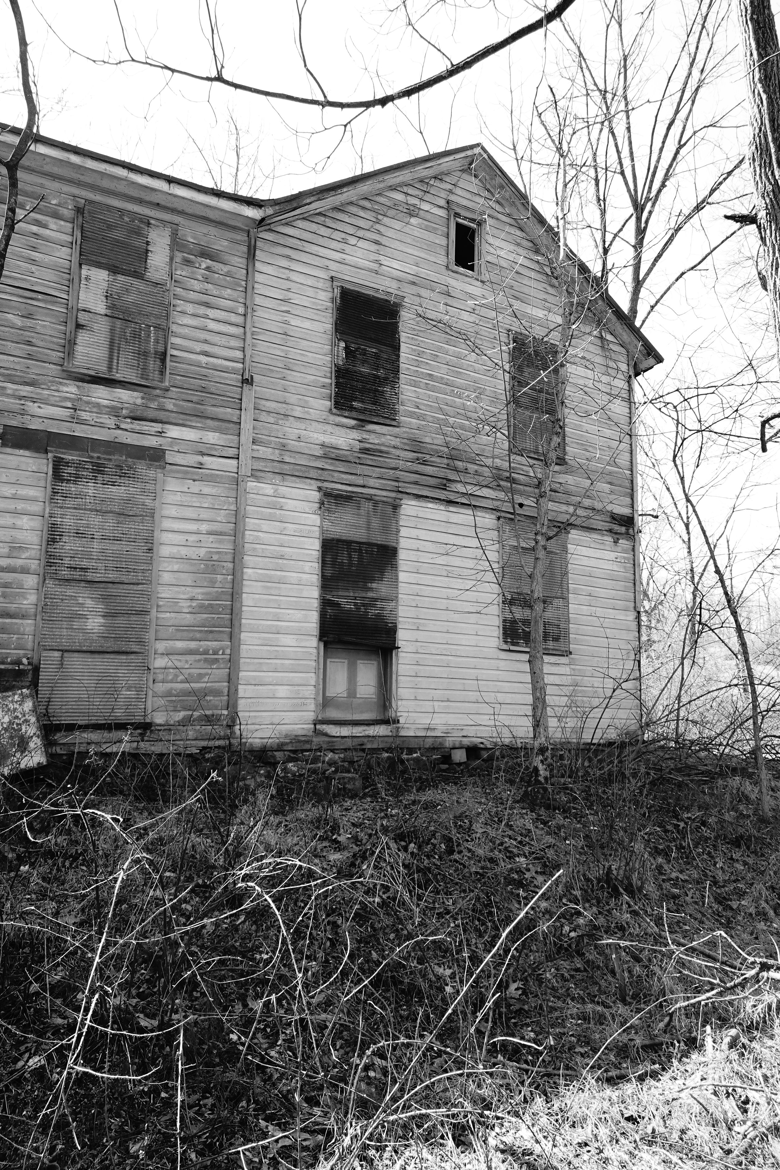 An old abandoned house with boarded-up and broken windows, surrounded by leafless trees and overgrown bushes, in black and white.