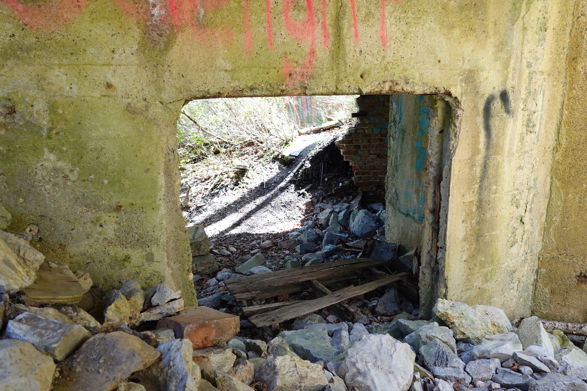 View through a broken concrete wall showing an outdoor area with trees, rubble, and some remnants of a brick structure.