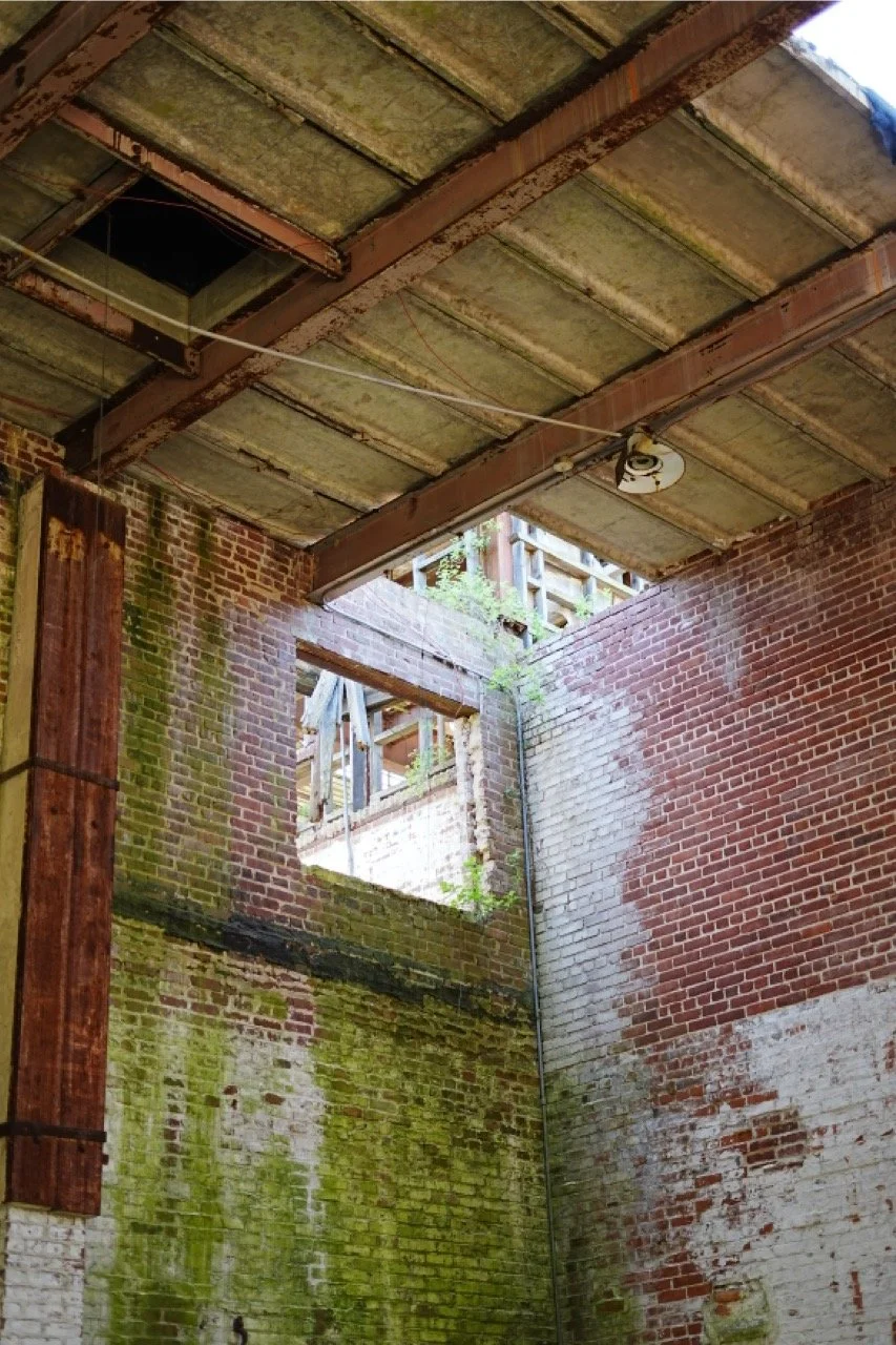 Interior of an abandoned brick building with moss and mold on the walls, an open ceiling revealing wooden beams and rusted metal supports, and a large rectangular opening in one wall showing an exterior staircase.