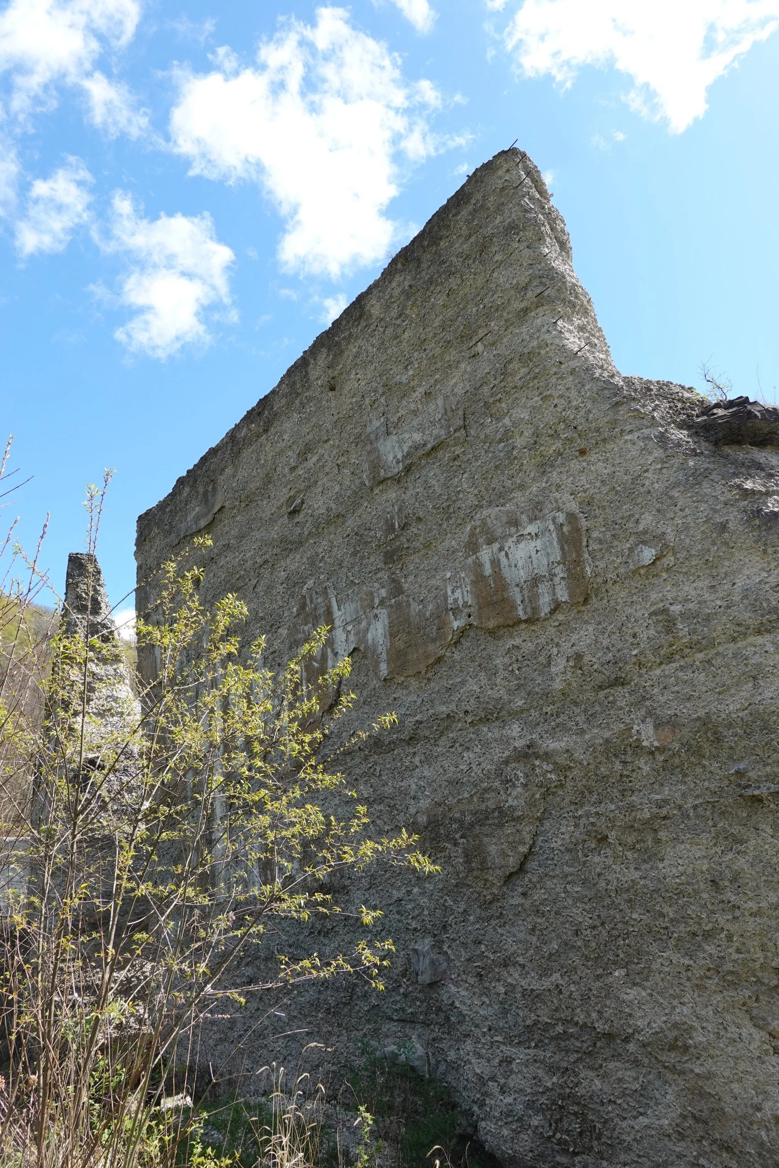 Close-up of a tall, jagged rock formation with a rough, textured surface, against a bright blue sky with scattered white clouds. Some small green shrubs are in the foreground.