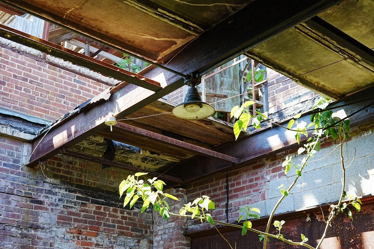 An old brick building with rusted metal beams and an outdoor ceiling light. Green vines are growing around the beams.