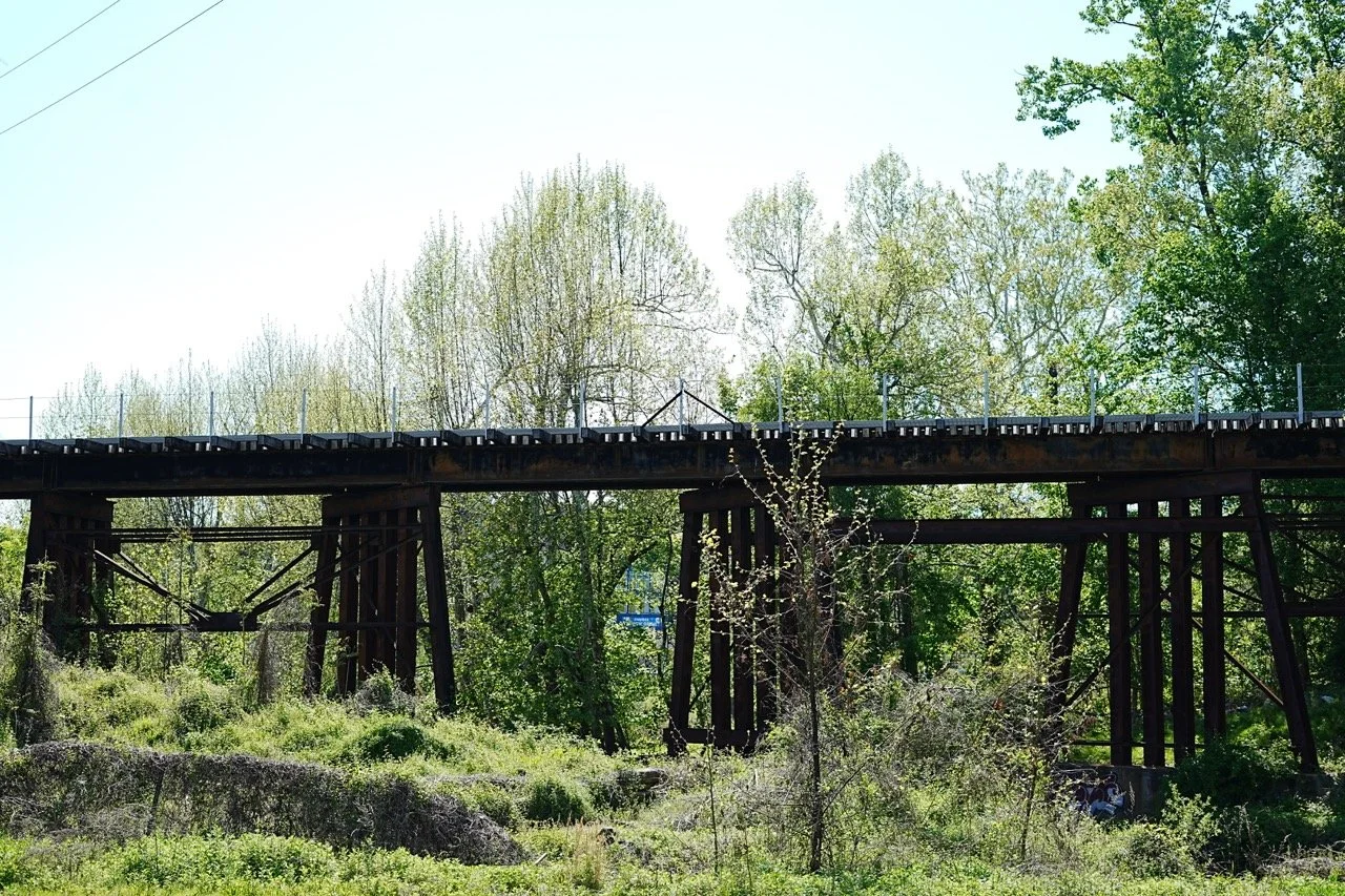 Old, rusty train trestle bridge over a grassy area with trees and bushes, under a clear blue sky.