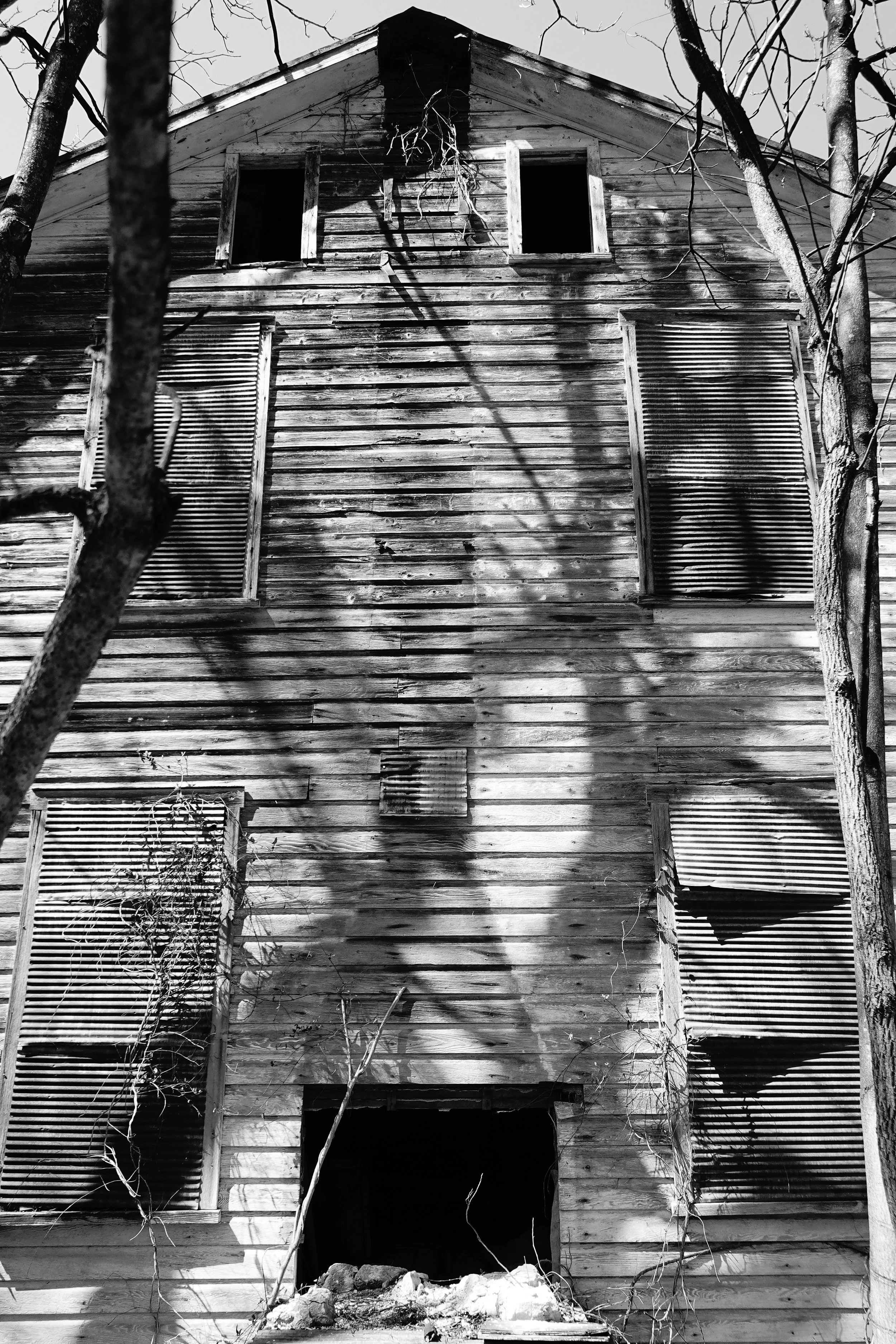 An abandoned wooden house with broken windows, boarded-up vents, and trees with leafless branches in the foreground. The house’s exterior appears weathered and deteriorated.